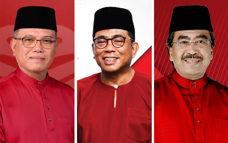 (From left) Pahang Menteri Besar Datuk Seri Wan Rosdy Wan Ismail, Higher Education Minister Datuk Seri Mohamed Khaled Nordin and Titiwangsa member of parliament Datuk Seri Johari Abdul Ghani have officially been announced as the new Umno vice-presidents for the 2023/26 term. 