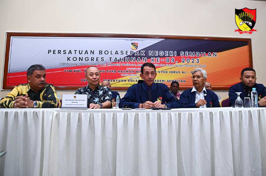Negri Sembilan Football Association (NSFA) president, Tunku Syed Razman Tunku Syed Idrus Al-Qadri (centre) speaking to press after the executive committee meeting. - Pic credit Facebook PBNS1923