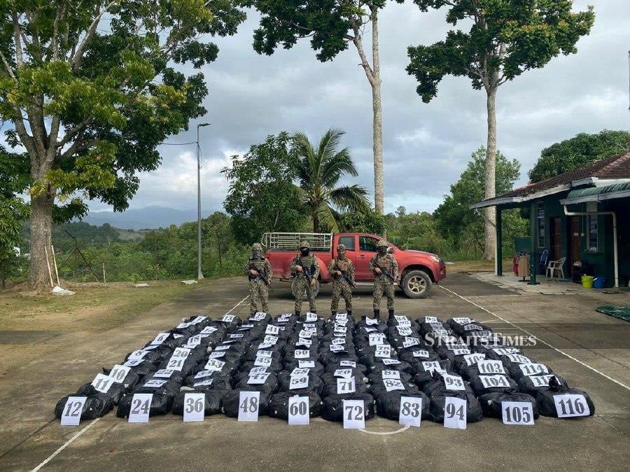 116 packets containing ketum leaves were found an abandoned pick-up truck at the Malaysia-Thailand border in Padang Terap. - Pic courtesy of Armed Forces