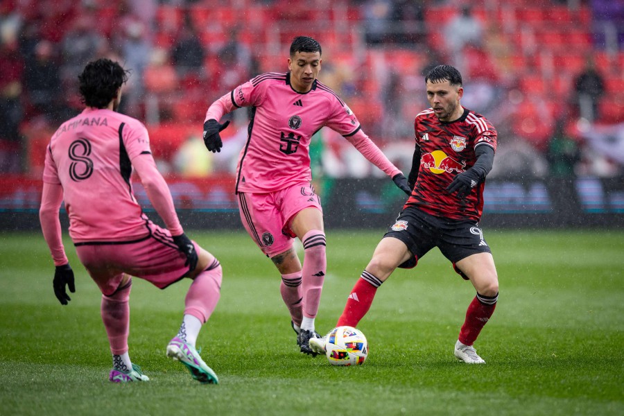 Lewis Morgan of New York Red Bulls passes the ball against Tomas Aviles of Inter Miami in the second half of the Major League Soccer Match against the Inter Miami at Red Bull Arena in Harrison, New Jersey. - AFP PIC