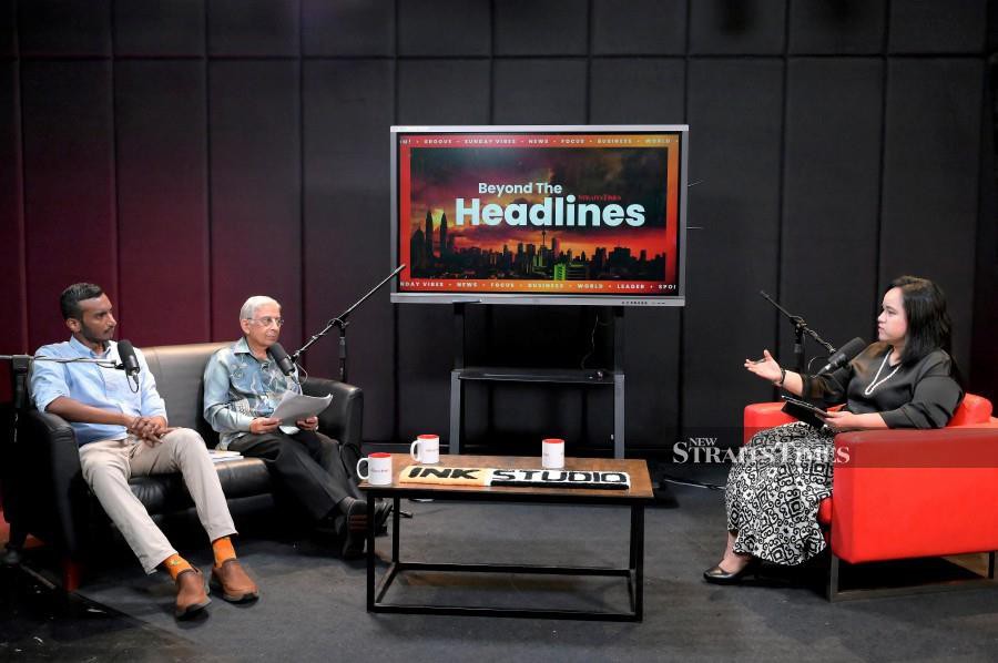 Emeritus professor Datuk Dr Shad Saleem Faruqi and Surendra Ananth (left) speaking during the NST’s Beyond The Headlines interview at Balai Berita in Bangsar, Kuala Lumpur, yesterday. With them is New Straits Times’ news editor, Hazween Hassan (right) - NSTP/NUR RAIHANA ALIA