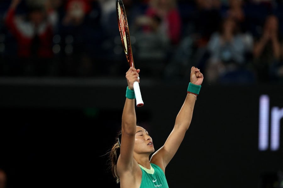 China's Zheng Qinwen celebrates victory against Ukraine's Dayana Yastremska during their women's singles semi-final match on day 12 of the Australian Open tennis tournament in Melbourne. - AFP PIC