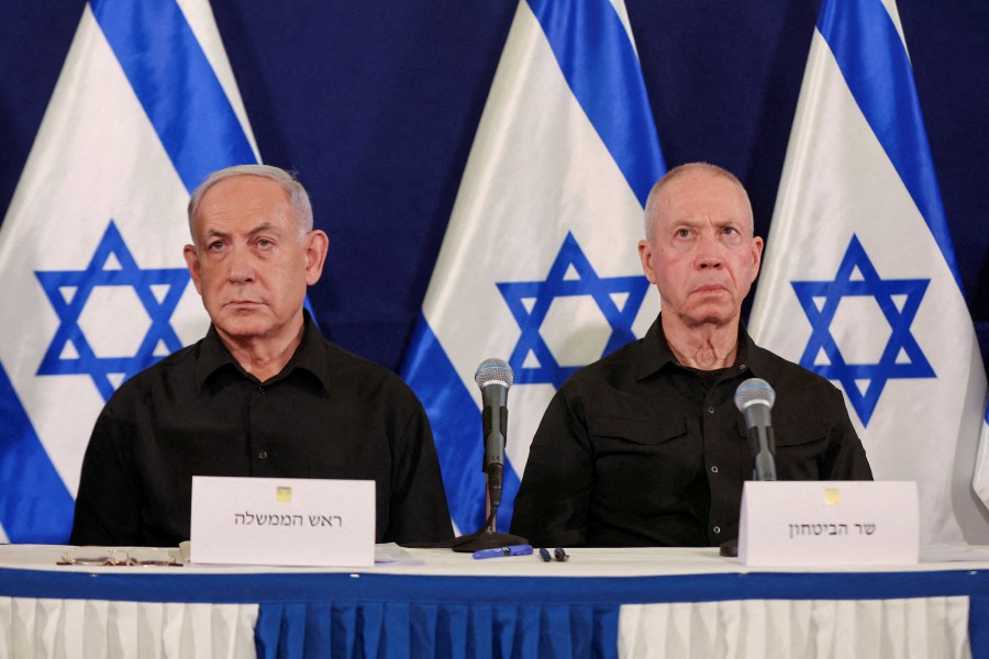  Israeli prime minister Benjamin Netanyahu and defense minister Yoav Gallant during a press conference in the Kirya military base in Tel Aviv , Israel, on Oct 28 2023. - AFP PIC