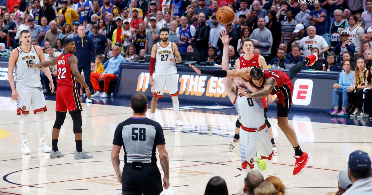 A general view of Ball Arena during the second half in game one of the 2023  NBA Finals between the Miami Heat and the Denver Nuggets.