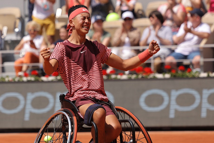 Japan's Tokito Oda celebrates after winning against Britain's Alfie Hewett during their men's wheelchair singles final match on day fourteen of the Roland-Garros Open tennis tournament at the Court Philippe-Chatrier in Paris on June 10, 2023. -- Pic: AFP