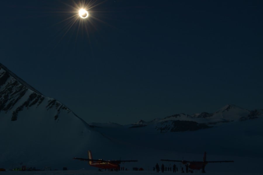 Handout picture released by the Chilean Air Force showing a total solar eclipse from Union Glacier in Antarctica, on Dec 4, 2021. -- Pic: Chilean Air Force / AFP