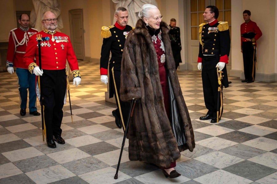 (FILE PHOTO) Queen Margrethe arrives to hold a New Year's cure for officers from the Armed Forces and the Emergency Management Agency as well as invited representatives of major national organisations and the royal patronages at Christiansborg Palace in Copenhagen, on January 4, 2024. Denmark's 83-year-old Queen Margrethe, who abdicated in January in favour of her son Frederik, on Februray 3, 2024 won Denmark's equivalent of an Oscar for best costume designer. -AFP/Mads Claus Rasmussen/Ritzau Scanpix-Denmark OUT