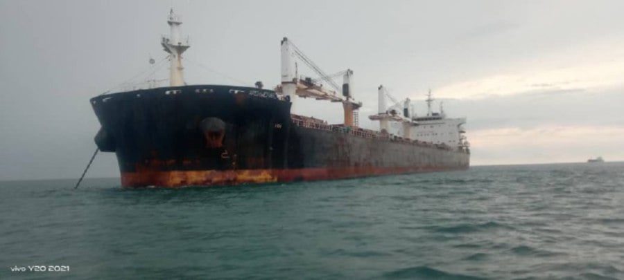 The Majuro-registered trading vessel was detained at Tanjung Tohor today, after it was found anchoring without an authorised permit. -PIC COURTESY OF MMEA