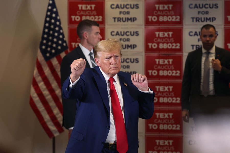 Republican presidential candidate former President Donald Trump departs a rally in Sioux Center, Iowa. Iowa Republicans will be the first to select their party's nomination for the 2024 presidential race when they go to caucus. -AFP/Scott Olson