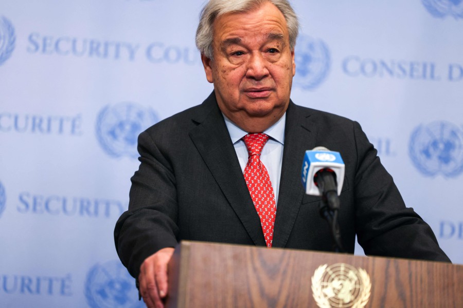 UN Secretary-General Antonio Guterres speaks to the press at UN headquarters in New York ahead of the six-month mark since the October 7 Hamas attack on Israel. Guterres on April 5 expressed serious concern over reports that Israel was using artificial intelligence to identify targets in Gaza. "No part of life and death decisions which impact entire families should be delegated to the cold calculation of algorithms," he said. -AFP/Charly TRIBALLEAU