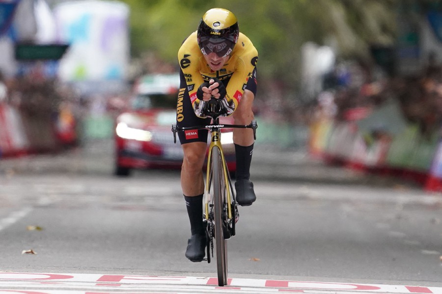 (FILE PHOTO) Team Jumbo-Visma's Danish rider Jonas Vingegaard competes in the stage 10 of the 2023 La Vuelta cycling tour of Spain, a 25,8 km individual time trial in Valladolid, on September 5, 2023. Vingegaard breaks collarbone and ribs in Basque crash. Two-time Tour de France champion Jonas Vingegaard was "conscious" after being taken to hospital following a mass crash in stage four of the Tour of the Basque Country race, his team said. -AFP/CESAR MANSO