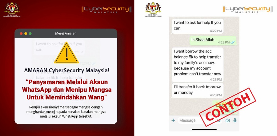 CyberSecurity Malaysia issued a warning regarding scammers exploiting WhatsApp application for impersonation activities and deceiving victims into transferring money. -PIC CREDIT: FACEBOOK/CYBERSECURITY MALAYSIA
