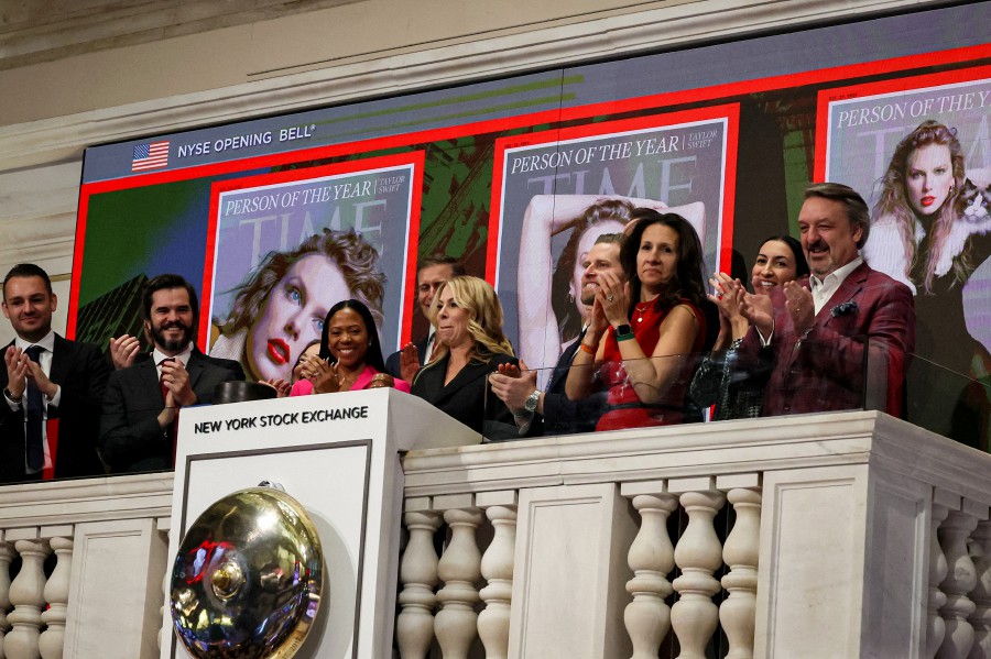 Jessica Sibley, CEO of TIME rings the opening bell to celebrate the reveal of the 2023 TIME Person of the Year, Taylor Swift, at the New York Stock Exchange (NYSE) in New York City, US. -REUTERS/Brendan McDermid