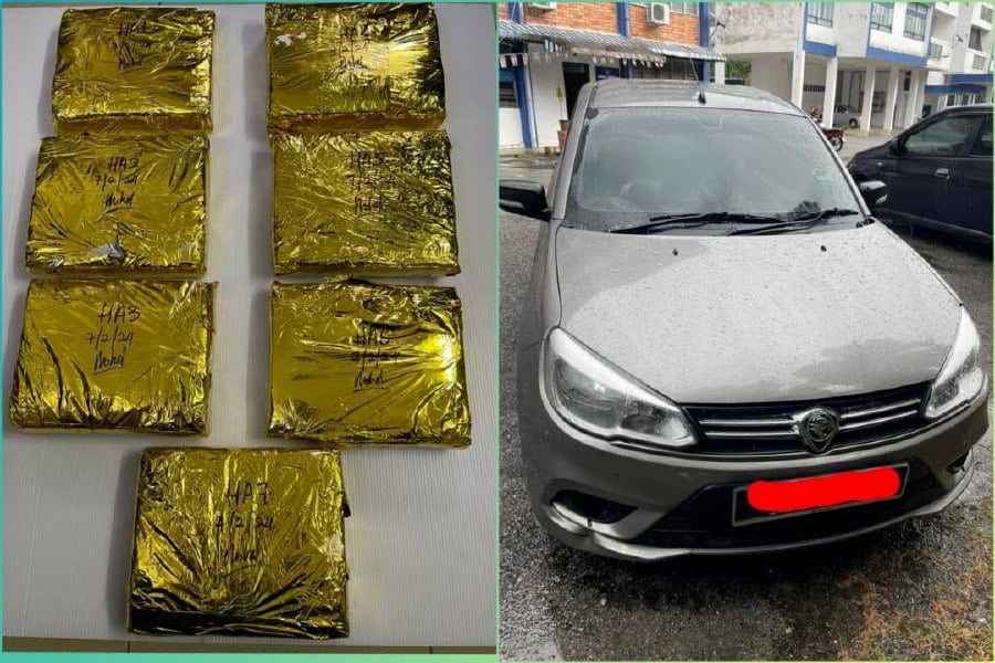 Police arrested two men and seized slabs of compressed leaves wrapped in a golden coloured foil. -PIC COURTESY OF PDRM