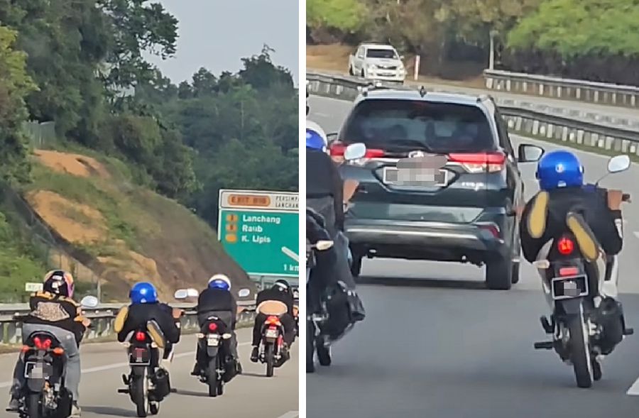 Screengrabs showing the motorcyclists riding dangerously including one of them performing the ‘Superman’ stunt. -PIC SOURCE: SOCIAL MEDIA