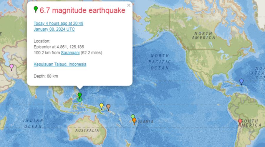 A magnitude 6.7 earthquake struck off the coast of the southern Philippines. -PIC CREDIT: EARTHQUAKETRACK.COM