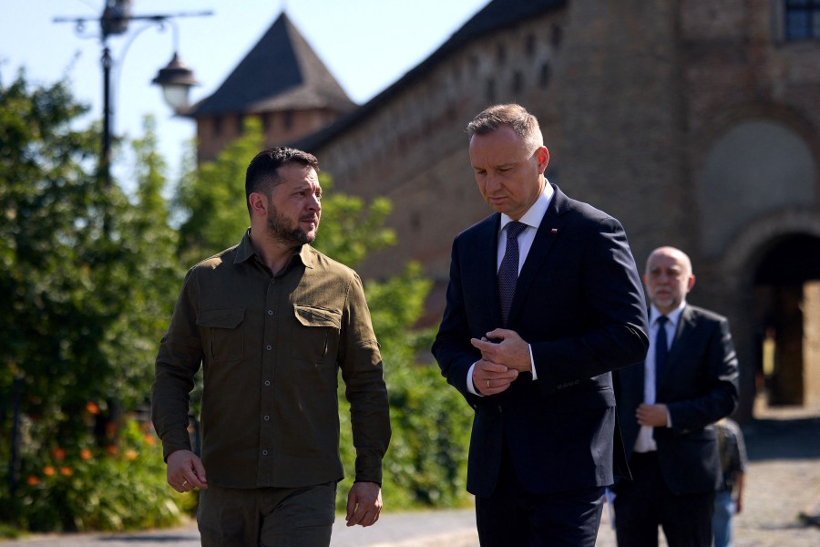 Ukraine's President Volodymyr Zelensky (left) with Poland's President Andrzej Duda during their meeting in Lutsk. Ukrainian and Polish presidents marked the anniversary of massacres of Poles by Ukrainian nationalists during World War 2 (WW2). -AFP Photo