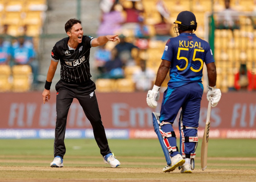 New Zealand's Trent Boult appeals successfully for the wicket of Sri Lanka's Charith Asalanka. -REUTERS/Adnan Abidi