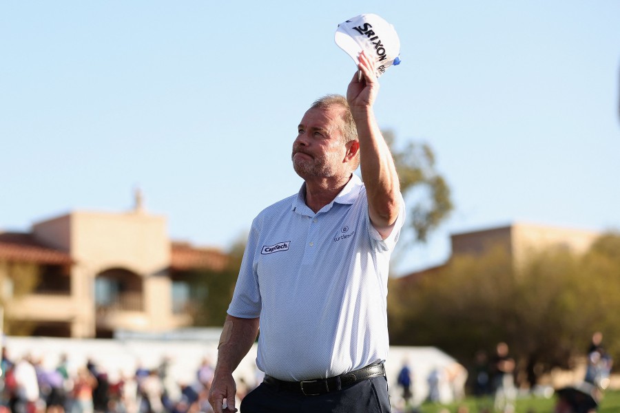 Joe Durant of the United States reacts after winning the Cologuard Classic at La Poloma Country Club on March 10, 2024 in Tucson, Arizona. -AFP/Christian Petersen