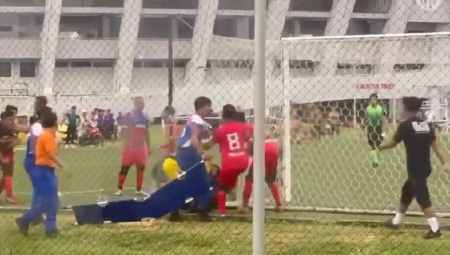 Police have detained three men for their alleged involvement in a fight during a football match between NAG FC and KESA FC at the Terengganu State Sports Complex in Gong Badak, Kuala Nerus. -PIC COURTESY OF READER