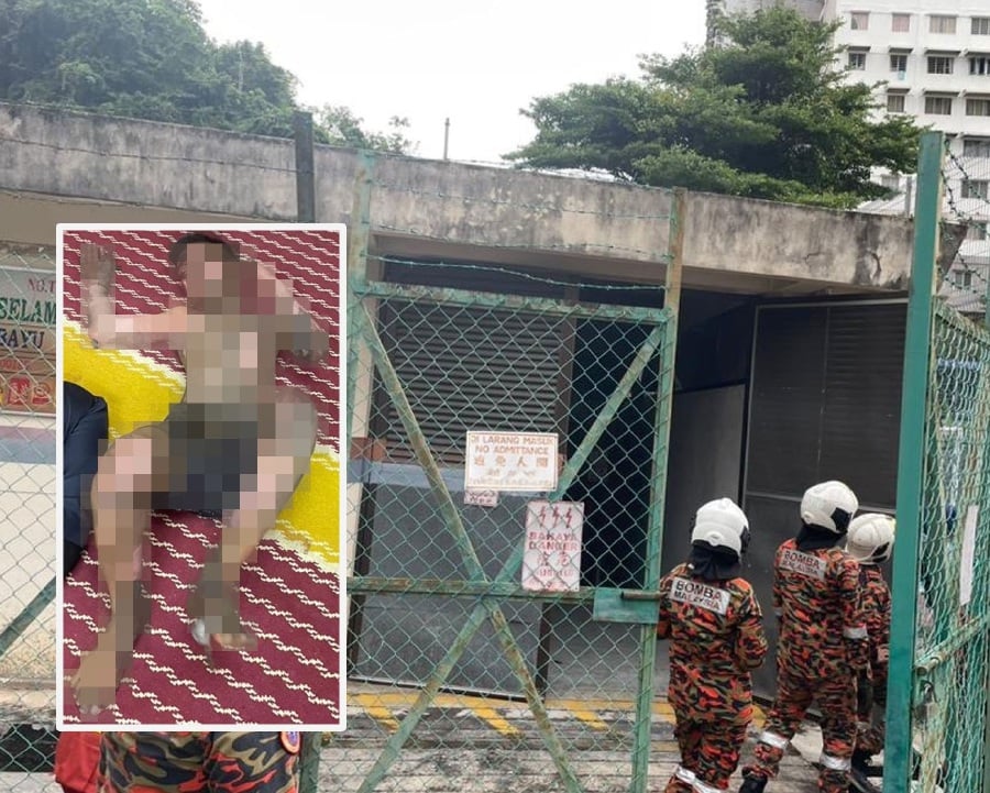 A boy who went into the Tenaga Nasional Bhd (TNB) power station to retrieve a ball sustained severe burns after he came in contact with electrical conduits inside the premises. -PIC COURTESY OF FIRE AND RESCUE DEPARTMENT