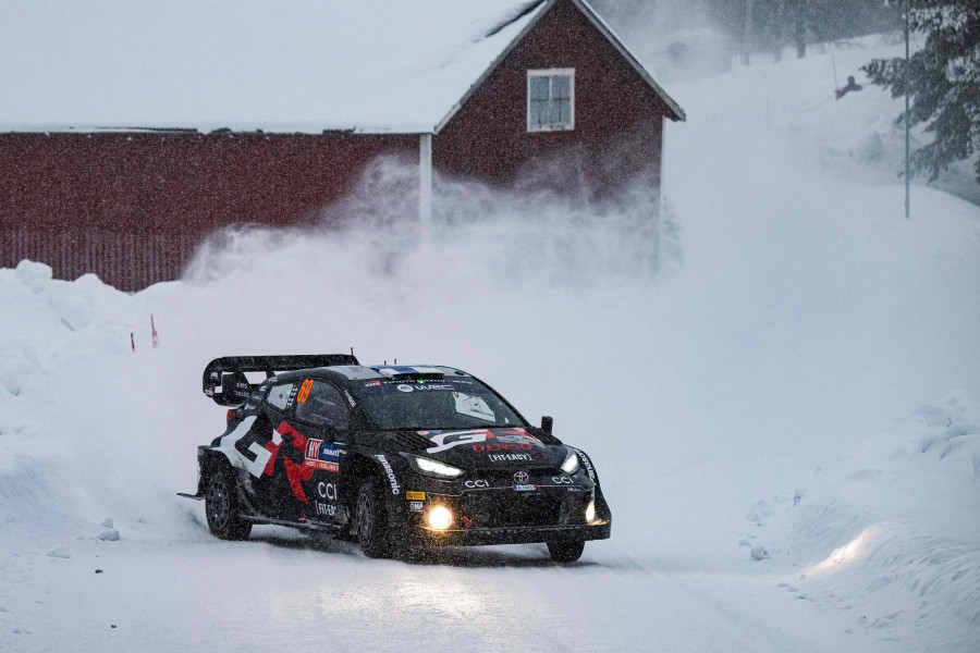 Kalle Rovanpera of Finland and his co-driver Jonne Halttunen of Finland compete in their Toyota GR Yaris Rally1 HYBRID during the Floda, 4th stage of the Rally Sweden, second round of the FIA World Rally Championship on February 16, 2024 near Umea, Sweden. -AFP/Jonathan NACKSTRAND