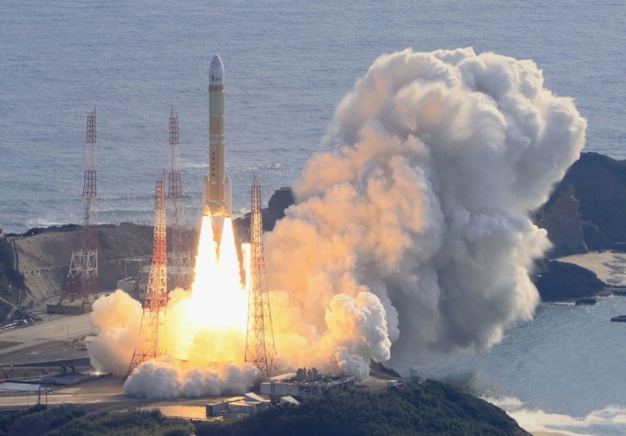 An aerial view shows a second test model of H3 rocket lift off from the launching pad at Tanegashima Space Center on the southwestern island of Tanegashima, Kagoshima Prefecture, Japan February 17, 2024, in this photo taken by Kyodo. Mandatory credit Kyodo via REUTERS ATTENTION EDITORS - THIS IMAGE WAS PROVIDED BY A THIRD PARTY. MANDATORY CREDIT. JAPAN OUT. NO COMMERCIAL OR EDITORIAL SALES IN JAPAN
