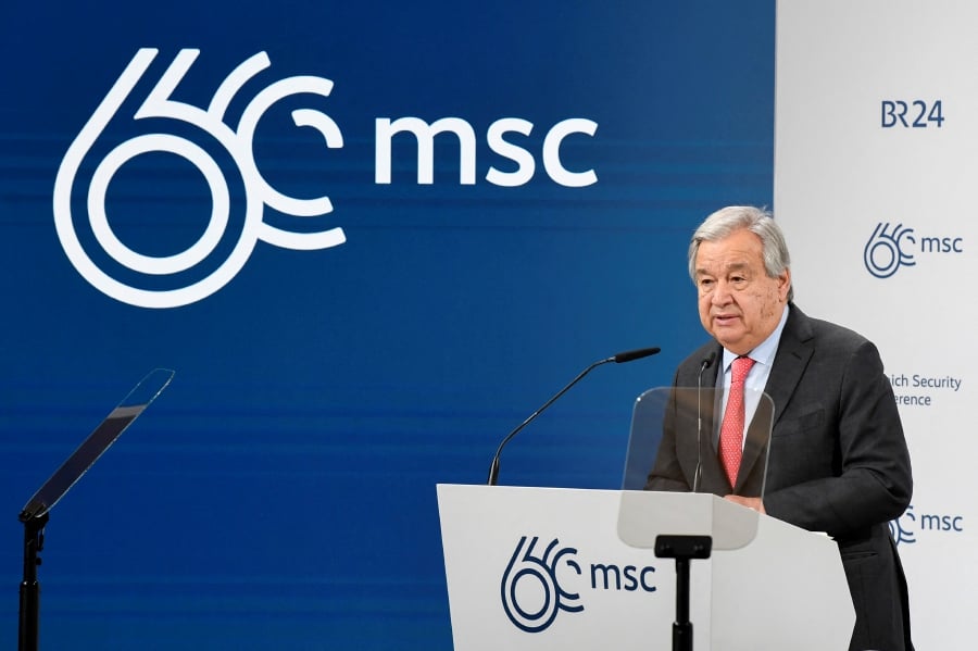 UN Secretary-General Antonio Guterres delivers his speech during the opening of the 60th Munich Security Conference (MSC) at the Bayerischer Hof Hotel in Munich, southern Germany on February 16, 2024. -AFP/Thomas KIENZLE
