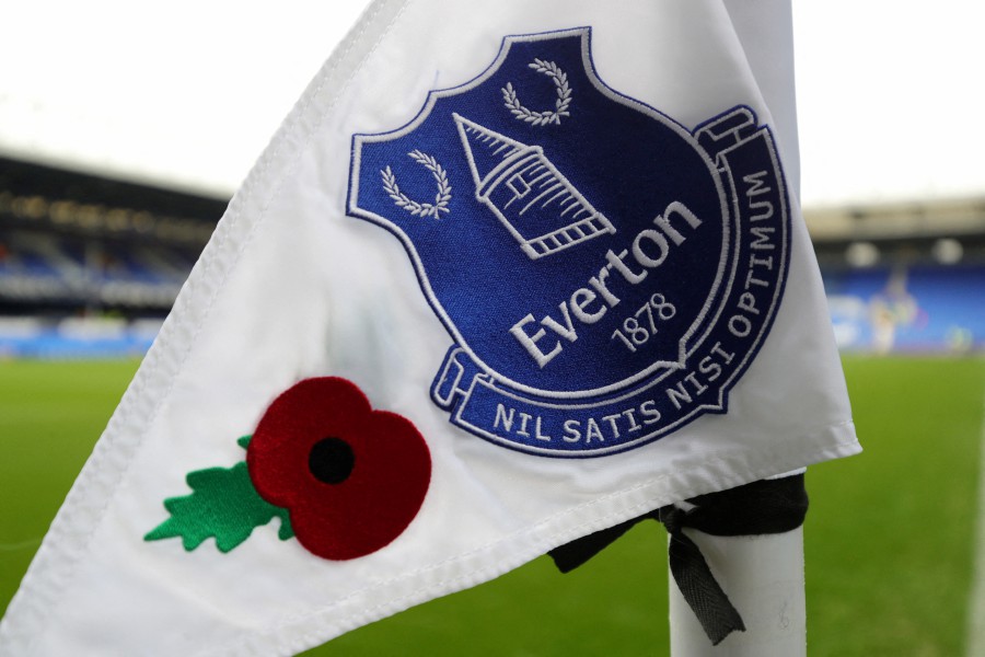 Everton emblem and a poppy on it as part of remembrance commemorations. Everton have been docked 10 points after being found guilty of breaching Premier League financial rules, plunging the club into the relegation zone. -REUTERS/Chris Radburn