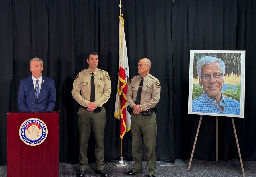 Ventura County District Attorney Erik Nasarenko (left) gives an update on the death and investigation of pro-Israeli supporter Paul Kessler who died at a rally on November 5, 2023, Thousand Oaks, California. -REUTERS/Jorge Garcia