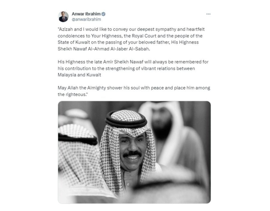 Prime Minister Datuk Seri Anwar Ibrahim and his wife Datuk Seri Dr Wan Azizah Wan Ismail expressed condolences to the Royal Court and the people of Kuwait on the passing of Kuwait's Emir Sheikh Nawaf Al-Ahmad Al-Jaber Al-Sabah. -PIC CREDIT: X/ANWAR IBRAHIM
