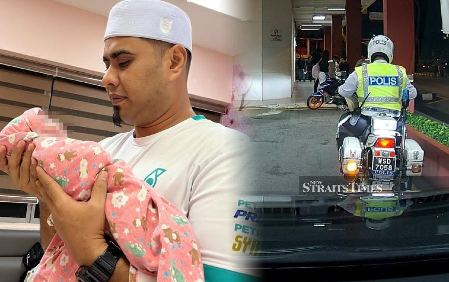 A traffic officer acted quickly to accompany a couple to the hospital, ensuring their child's safe arrival. -PIC CREDIT: HARIAN METRO