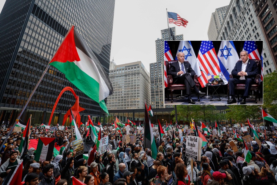 Demonstrators holding Palestinian flags rally in support Palestinians, in Chicago, Illinois. Joe Biden (inset) delivered full US backing for Israel in person, on a solidarity visit in which he blamed Islamist militants for a deadly rocket strike on a Gaza hospital and announced the resumption of urgent aid to the besieged Palestinian enclave. -AFP/KAMIL KRZACZYNSKI