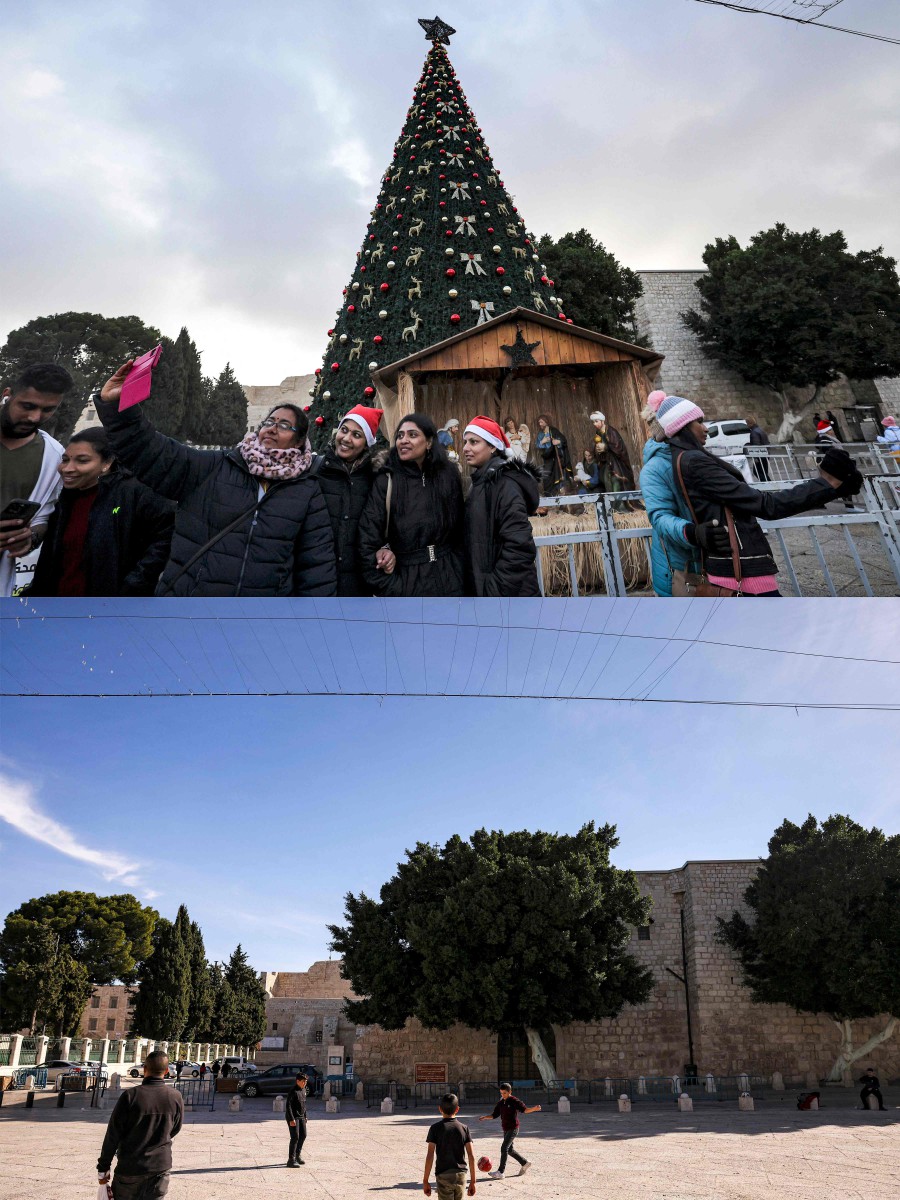 (COMBO) This combination of pictures shows a view of the Manger Square outside the Church of the Nativity in the biblical city of Bethlehem in the occupied West Bank, on Christmas eve on December 24, 2022 (top) and on December 20, 2023 (bottom). Outside Bethlehem's Church of the Nativity in the Palestinian West Bank, the throngs of tourists and pilgrims who normally rub shoulders with costumed Santas and marching bands are missing this year. There are no festive lights strung overhead and no sign of the huge tree normally erected to celebrate the event that Christians believe took place on this spot 2,000 years ago: the birth of Jesus Christ. -AFP/HAZEM BADER