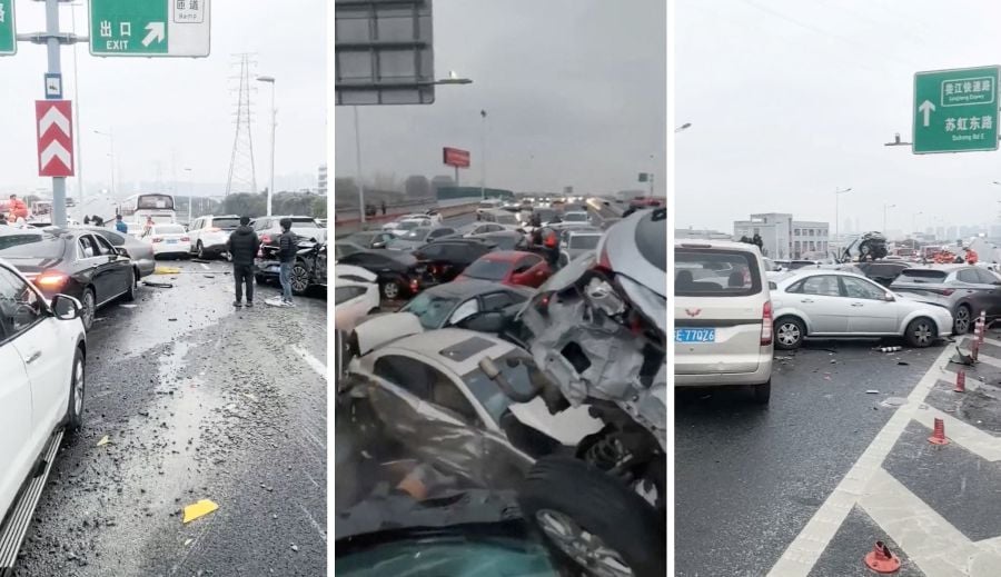 Cars pile up on an overpass during rainy and snowy weather, in Suzhou, Jiangsu, China in this screengrab obtained from a video released on February 23, 2024. -REUTERS PIC