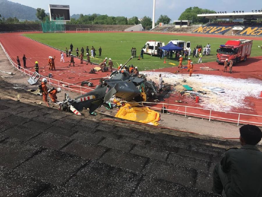 Following the collision, the AW139 HOM helicopter crashed at the steps of the Navy Stadium while the Fennec crashed near the pool of the Navy Sports Complex. -COURTESY PIC