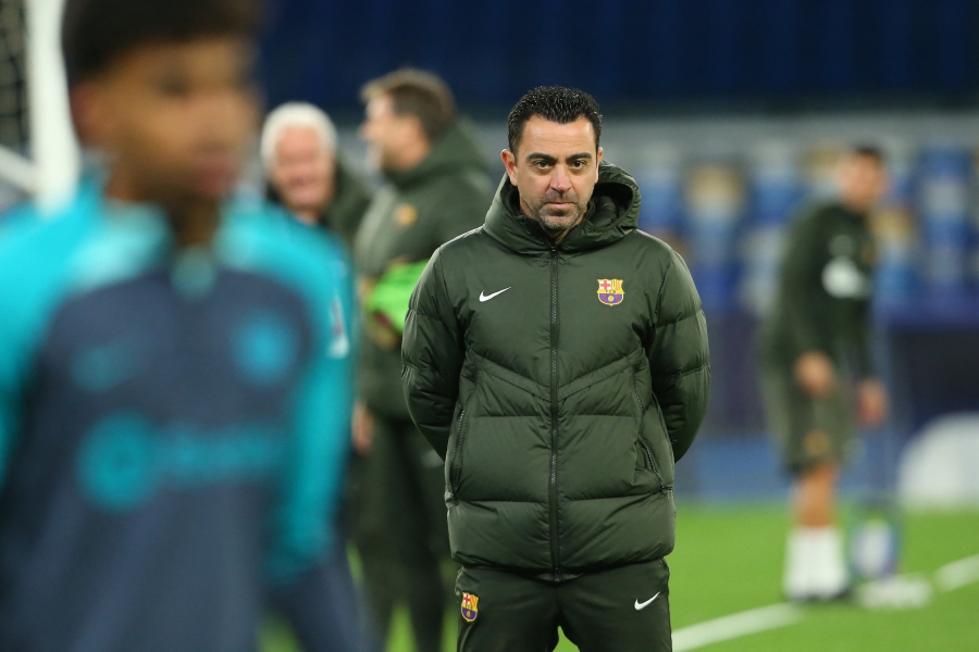 Barcelona's Spanish coach Xavi attends a training session with teammates on the eve of the UEFA Champions League last 16 first leg football match between Napoli and Barcelona at the Diego Armando Maradona stadium on February 20, 2024. -AFP/Carlo Hermann