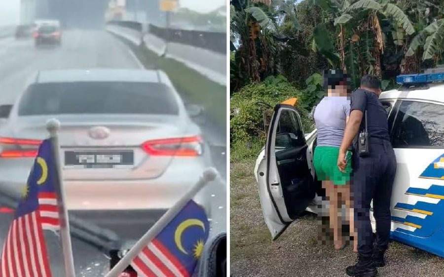 (Left) A screenshot of a video showing a car obstructing an ambulance on Middle Ring Road 2 (MRR2). (Right) Police identified the 41-year-old driver when an ambulance driver filed a report. -PIC CREDIT: HARIAN METRO