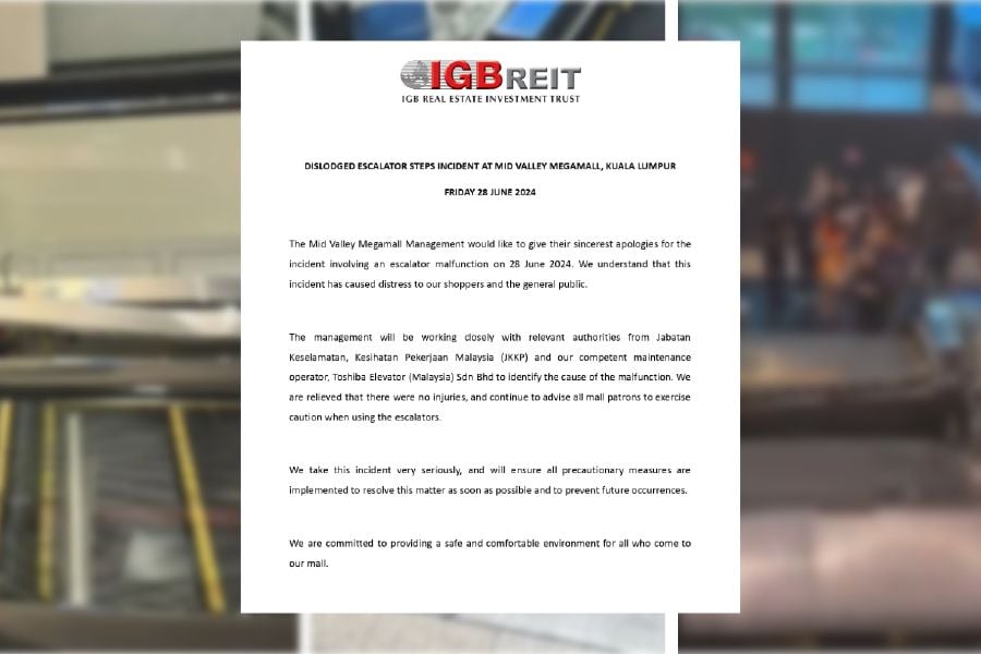 IGB Real Estate Investment Trust (IGB-REIT), in a statement today, said the management of the mall views the incident seriously and will ensure all precautionary measures are implemented to resolve the matter as soon as possible and prevent future occurrences. -NSTP/SOCIAL MEDIA