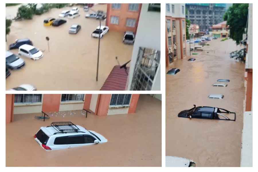 Almost 100 vehicles were left submerged in floods following incessant rain here since about 1pm. -PIC COURTESY OF READERS