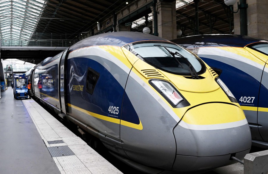 (FILE PHOTO) A Eurostar train is parked at a platform of the Paris' Gare du Nord station. At least 14 Eurostar trains were cancelled on Dec 30, 2023 after flooding in tunnels in southern England, stranding thousands of passengers just ahead of New Year's Eve. -AFP/Stefano RELLANDINI