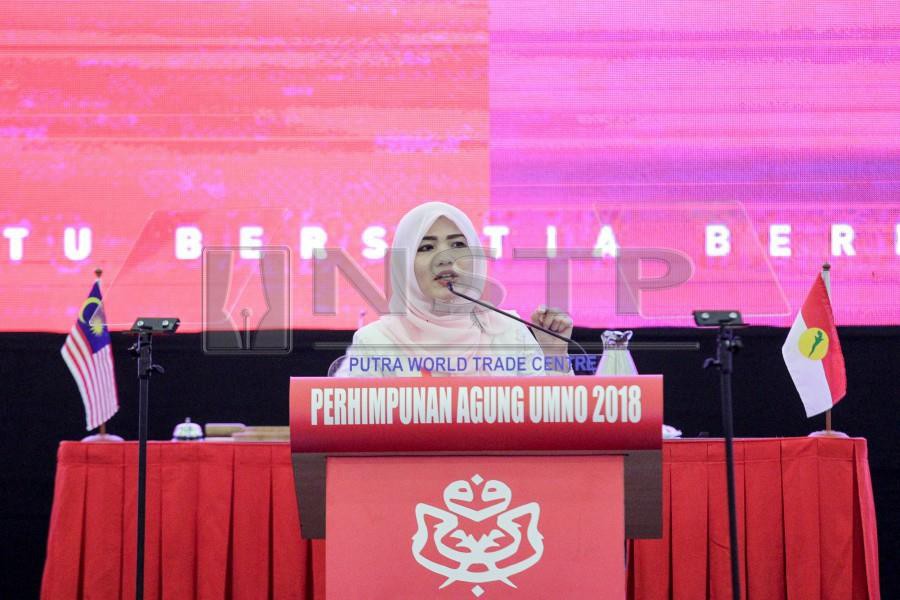 Puteri Umno chief Datuk Zahida Zarik Khan delivers her policy speech during the party’s general assembly at Putra World Trade Centre in Kuala Lumpur. - NSTP/ASYRAF HAMZAH