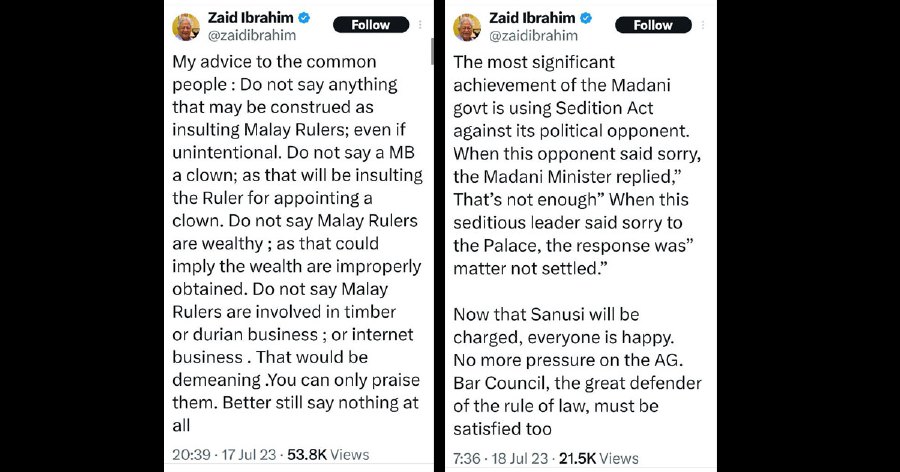 Zaid, 72, took to twitter last night and posted that people must be very careful with what they say when it comes to Malay Rulers or they would suffer the consequences. - Pic credit @ZaidIbrahim