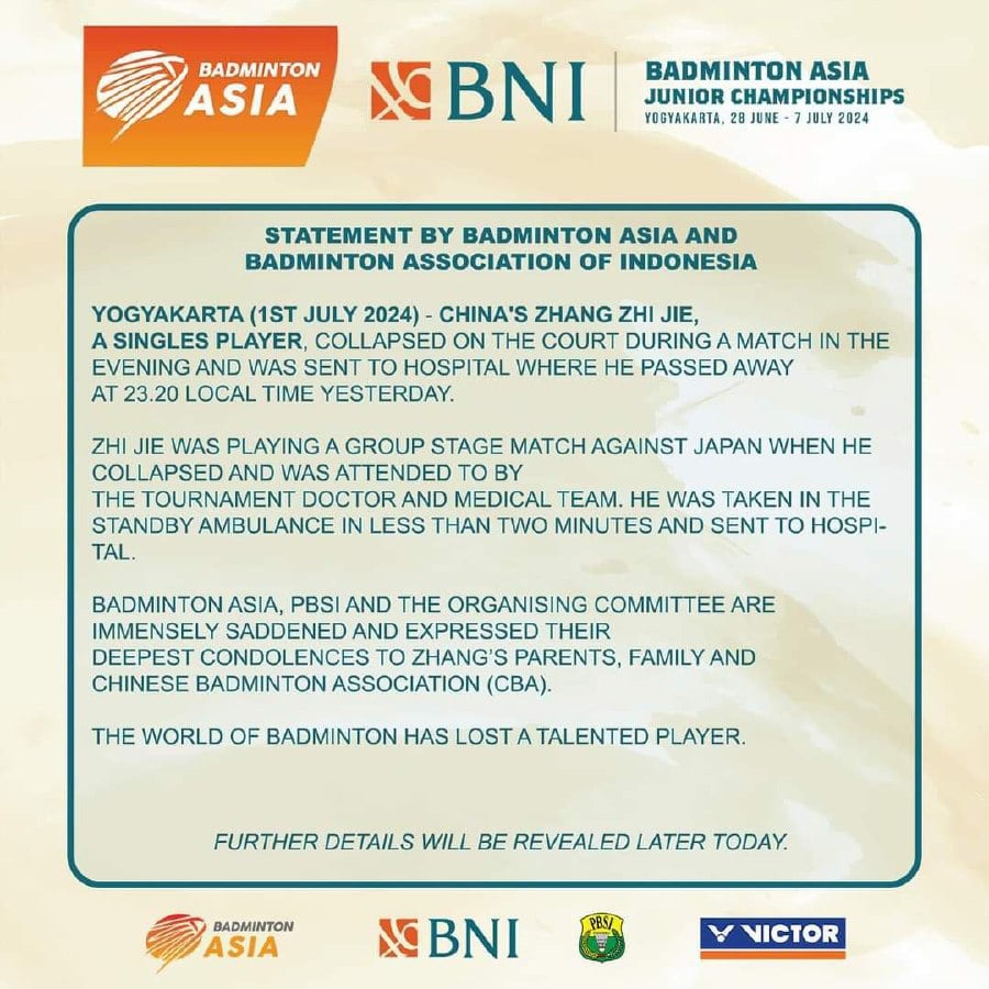 Zhang Zhijie died after collapsing on the court during the Asian Junior Badminton Mixed Team Championships in Yogyakarta, Indonesia.