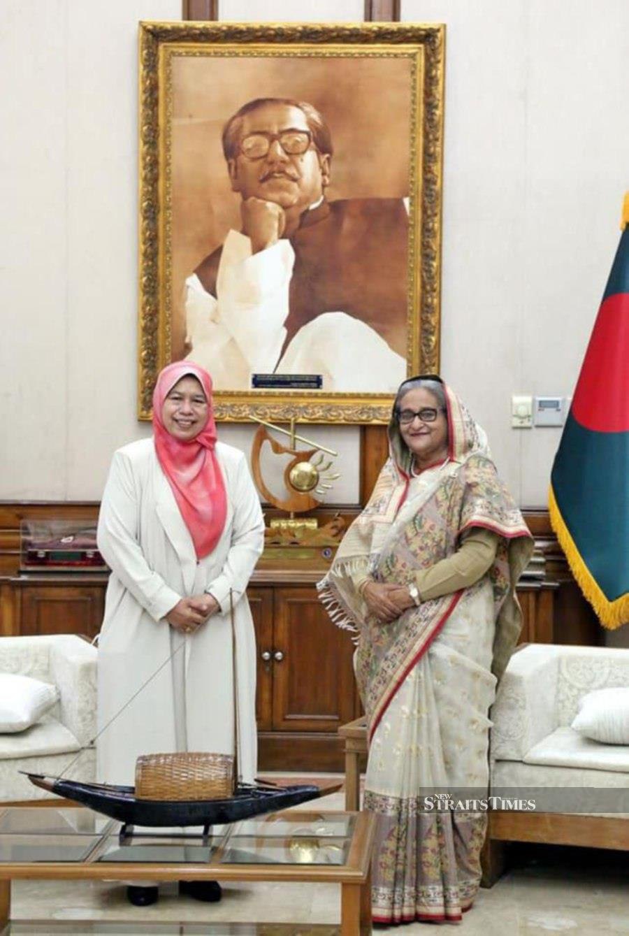 Datuk Zuraida Kamaruddin with Bangladeshi Prime Minister Sheikh Hasina Wazed at the Ganobhan Palace after their meeting on Friday.