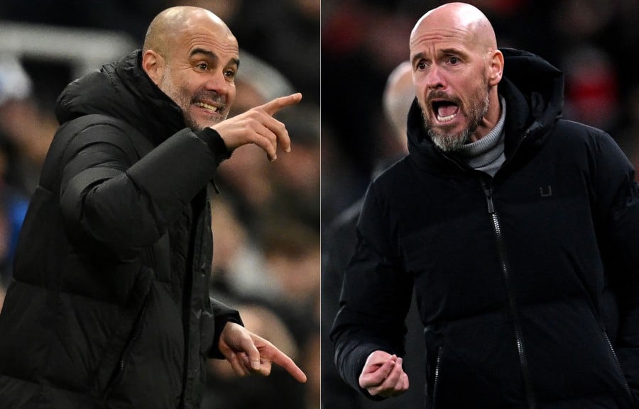 A combo picture showing Manchester City's Spanish manager Pep Guardiola (left) and Manchester United's Dutch manager Erik ten Hag. -- AFP 